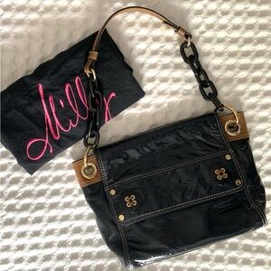 Milly Navy Black Brown & Gold Patent Leather Shoulder Bag